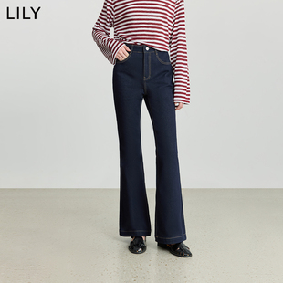 LILY2025冬新款复古原色弹力修身加绒休闲通勤深色微喇裤牛仔裤女