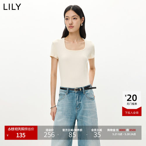 LILY通勤方领收腰百搭纯色短袖