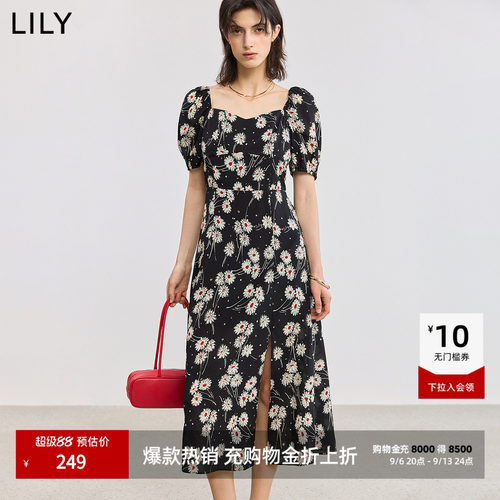 LILY莱赛尔女收腰碎花法式连衣裙