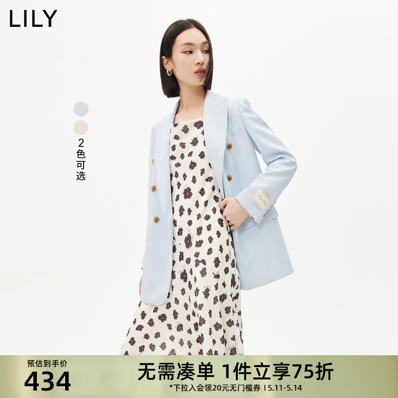 【抗紫外线】LILY夏新款防晒双排扣通勤廓形蓝色小西装外套女