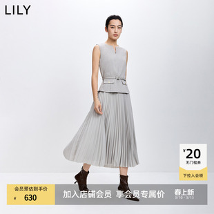 LILY2026春新款莱赛尔亚麻混纺无袖圆领气质通勤浅色拼接连衣裙女