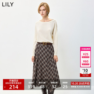 LILY2026秋新款女装羊毛混纺松弛感撞色一字领浅色套头针织衫毛衣