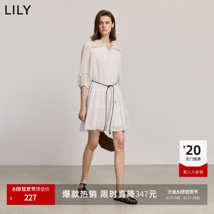【商场同款】LILY2025新款法式圆领镂空蕾丝A字裙白色连衣裙女