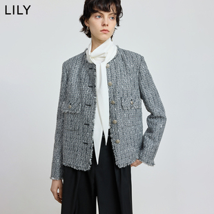 LILY2025冬新款含羊毛格雷系小香风粗花呢气质通勤灰色外套女短款