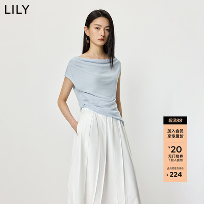 LILY2026夏新款女装莱赛尔羊毛混纺简约夹花荡领收腰气质休闲T恤