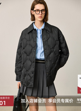 LILY2025冬新款女装经典菱格纹衬衫领90鸭绒黑色羽绒服外套中长款