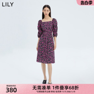 商场同款 LILY新款 女装 连衣裙女 浪漫碎花法式 方领泡泡袖