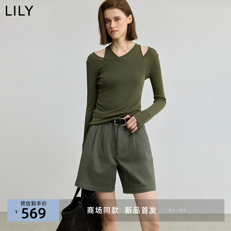 【商场同款】LILY2025秋新款莱赛尔绵羊毛混纺假两件长袖针织衫女