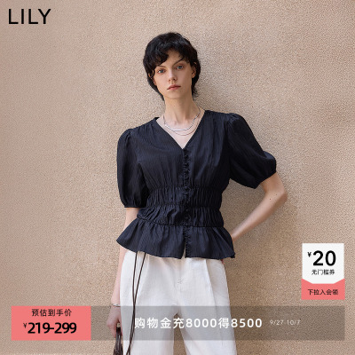 LILY百搭收腰通勤泡泡袖短袖衬衫