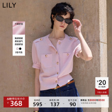 LILY2025夏新款女装气质小香风粉色短款小上衣轻薄短袖针织开衫