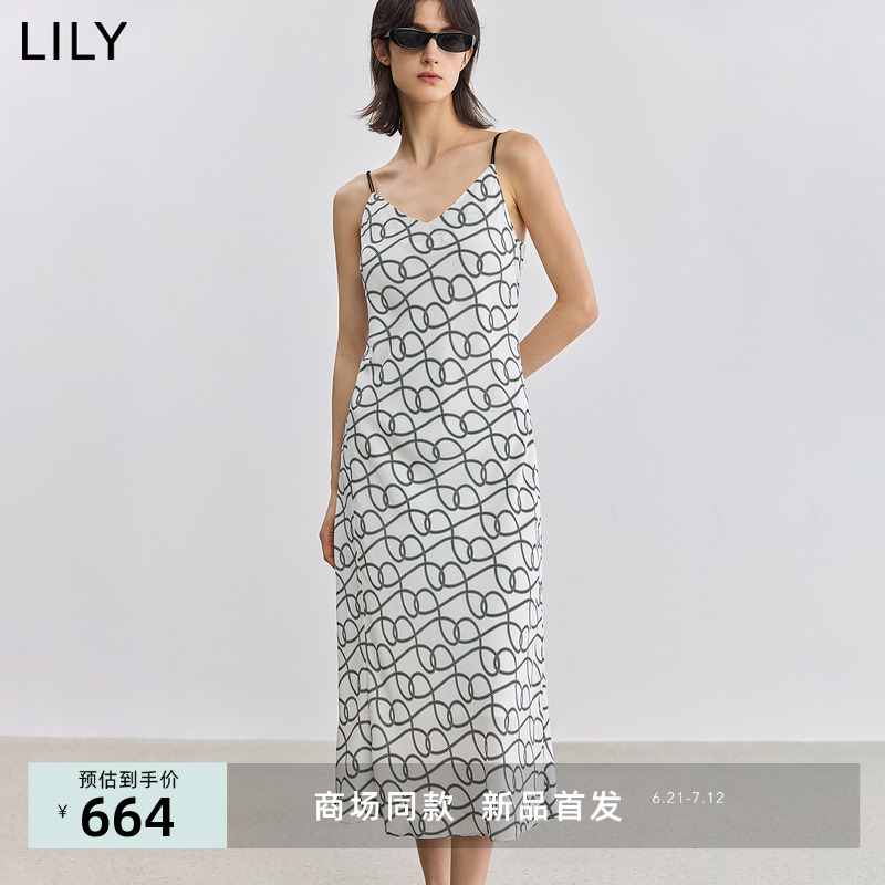 【商场同款】LILY2025夏新款女装复古老花休闲斜裁V领吊带连衣裙