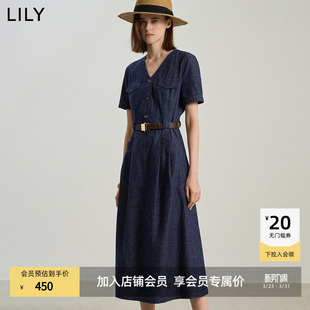 收腰通勤连衣裙长裙 复古V领短袖 不易褪色牛仔LILY2025新款 女装