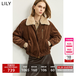 LILY2026冬新款女装复古纯棉灯芯绒90鸭绒毛领翻领休闲通勤羽绒服