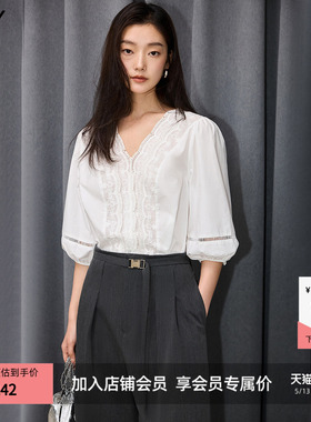 LILY2026夏新款法式气质重工花边V领全棉白色泡泡袖通勤雪纺衫女