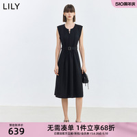 LILY2024夏新款女装设计感百褶气质通勤款显瘦腰带连衣裙小黑裙女