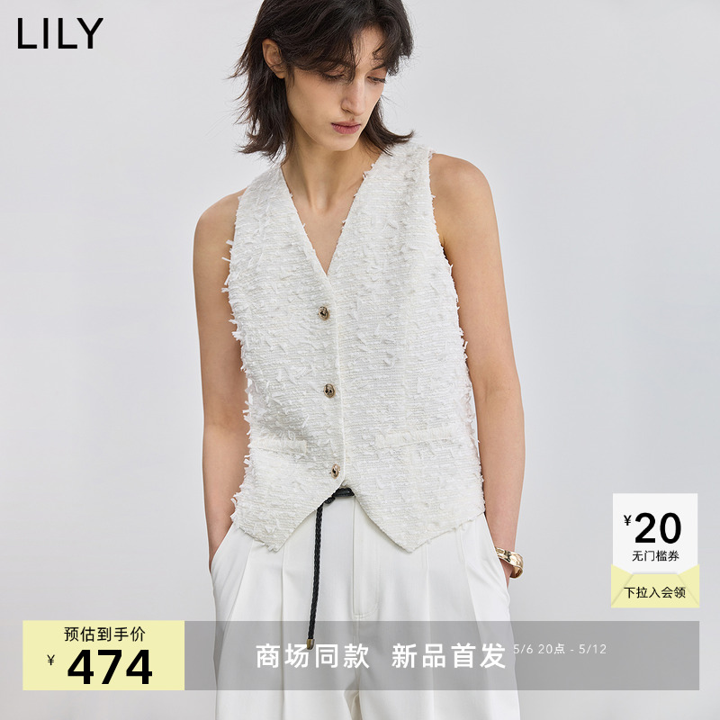 【商场同款】LILY2025夏新款女装含亚麻白色V领无袖修身西装马甲
