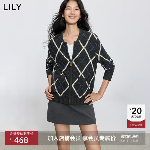 LILY撞色费尔岛格纹格雷针织开衫
