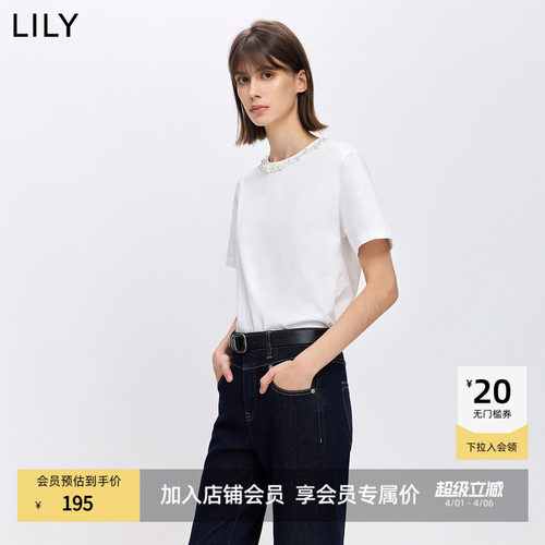 LILY纯棉钉珠女装圆领简约T恤