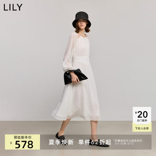 LILY2025夏新款女装法式优雅气质收腰长袖休闲通勤连衣裙小白裙