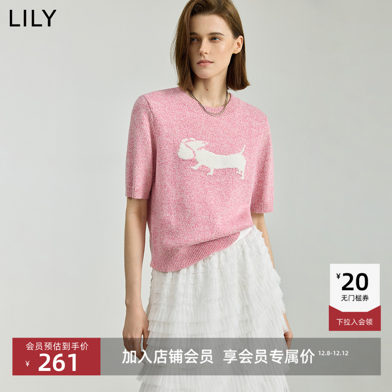 LILY腊肠犬短袖绣花撞色针织衫