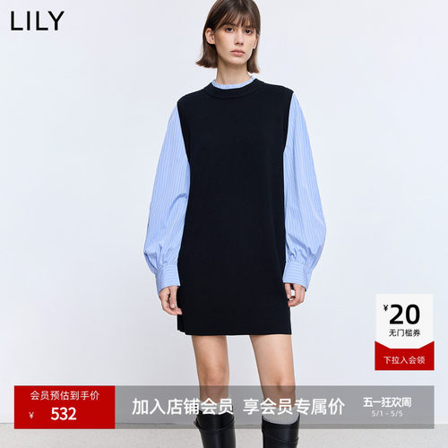 LILY通勤复古长袖拼接深色连衣裙