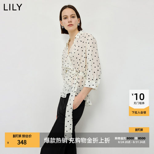 LILY通勤收腰七分袖撞色波点衬衫