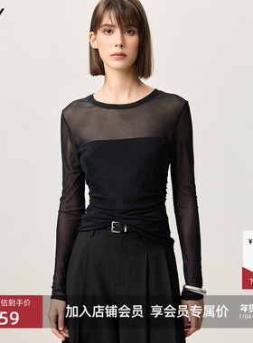 【商场同款】LILY2025春新款女装网纱弹力圆领黑色长袖T恤打底衫