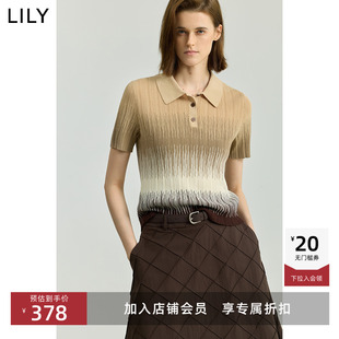 女 针织衫 LILY2025秋新款 设计感复古渐变撞色休闲POLO领长绒棉短袖