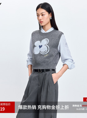 LILY2026春新款女装羊毛混纺格雷系幸运花嵌花灰色针织衫背心马甲