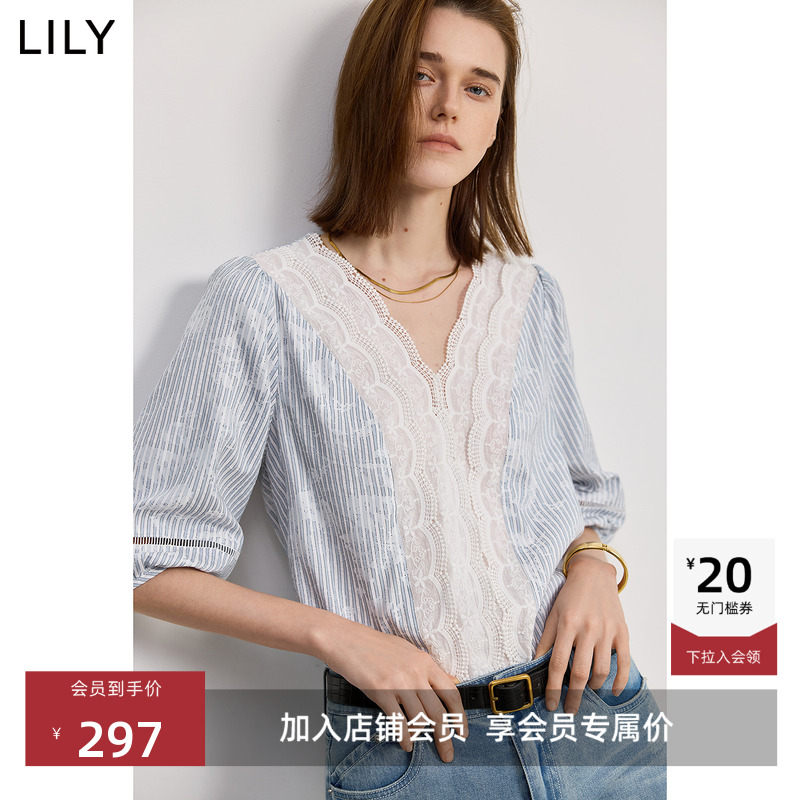 LILY通勤蕾丝百搭泡泡袖雪纺衫