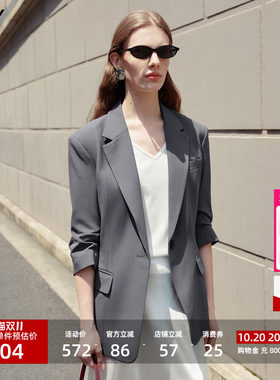LILY2026夏新款复古经典竖条纹驳领七分袖修身收腰西装外套女西服
