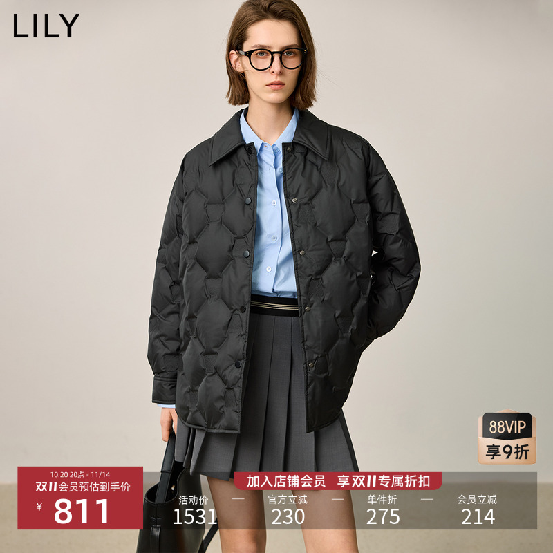 LILY中长款经典格纹羽绒服外套