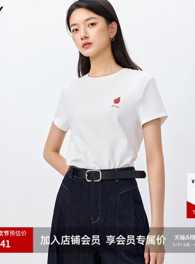 LILY2026春新款撞色苹果刺绣磨毛暖感休闲通勤圆领白色短袖T恤女