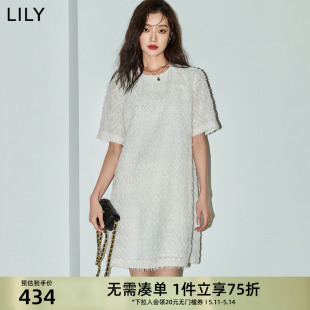 中长款 LILY2024夏新款 女装 浪漫气质流苏短袖 连衣裙小白裙小个子女