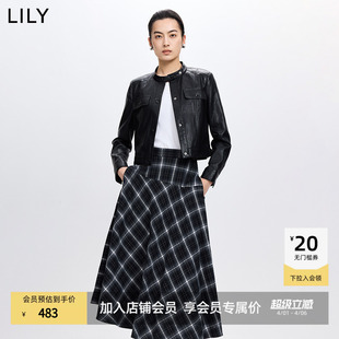 LILY2026春新款 小立领正肩休闲气质通勤机车夹克上衣皮衣外套 女装