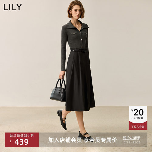 LILY修身收腰廓形翻领拼接连衣裙