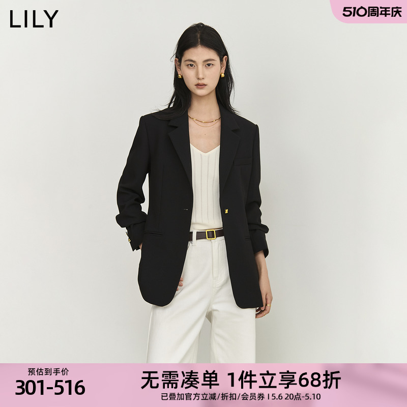 LILY2024春新款女装商务通勤时尚复古一粒扣修身休闲黑色西装外套