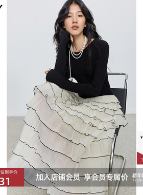 LILY2025冬新款法式醋酸高腰修身网纱连衣裙气质通勤蛋糕长裙女