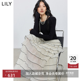 网纱连衣裙气质通勤蛋糕长裙女 醋酸高腰修身 LILY2025冬新款 法式