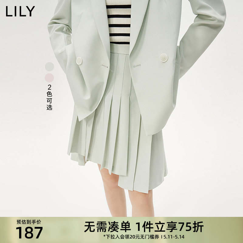 LILY2023夏新款女装时尚元气学院感减龄显瘦A字高腰款百褶半身裙