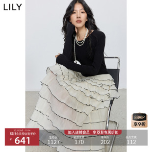 网纱连衣裙气质通勤蛋糕长裙女 醋酸高腰修身 LILY2025秋冬新款 法式