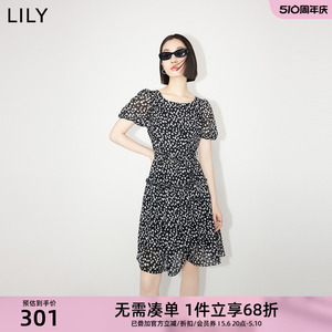 LILY夏新款女装时尚浪漫印花泡泡袖优雅短款高腰连衣裙女