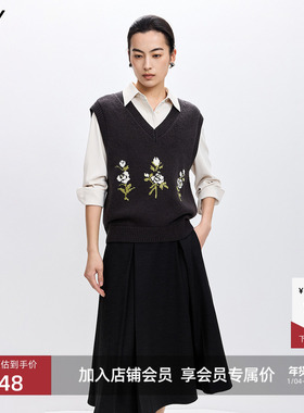 LILY2026春新款女装含羊毛格雷系提花灰色v领无袖针织衫马甲背心
