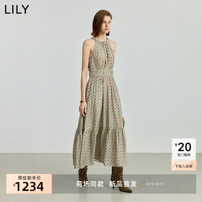 【商场同款】LILY2025秋新款女装含桑蚕丝复古老花休闲收腰连衣裙