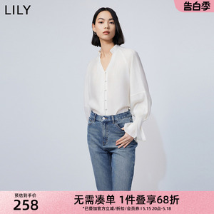 LILY2024春新款女装莱赛尔天丝含绵羊毛别致花苞袖时尚微皱白衬衫