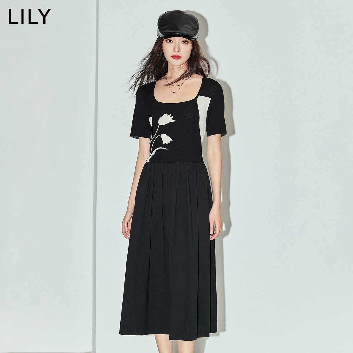 【妞妞直播间】LILY浪漫气质方领针织拼接高腰连衣裙小黑裙