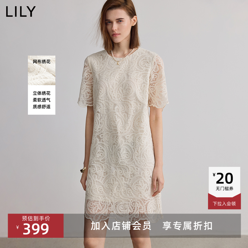 LILY蕾丝短袖圆领镂空连衣裙女