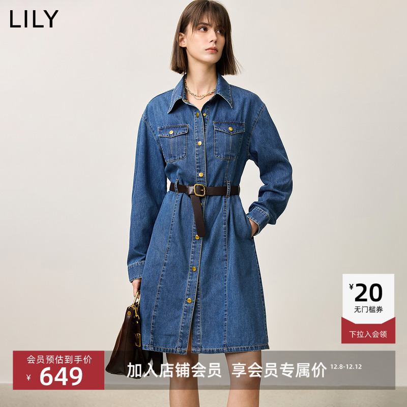 LILY经典款长袖收腰牛仔连衣裙