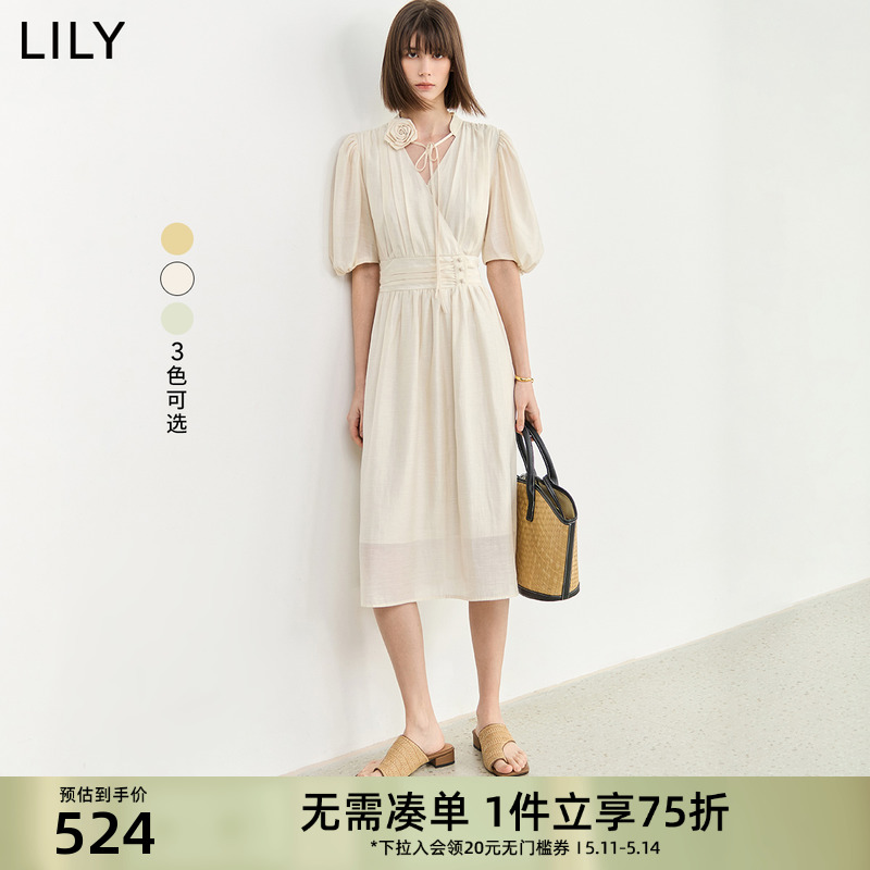 LILY醋酸含亚麻连衣裙2024夏新款复古V领泡泡袖法式花朵收腰长裙