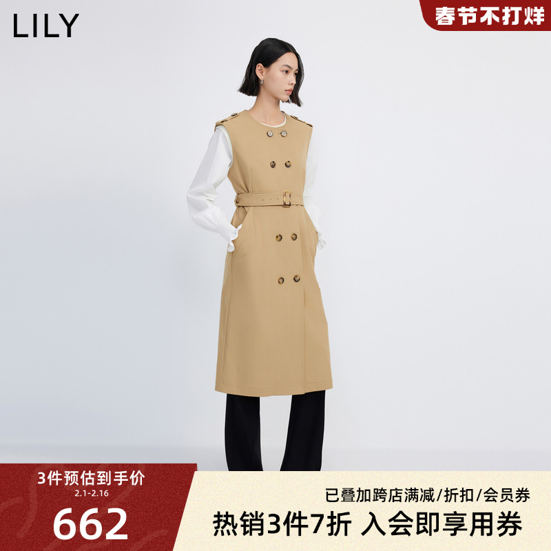 LILY2024春新款女装复古时尚叠穿通勤款气质卡其色背心连衣裙外套